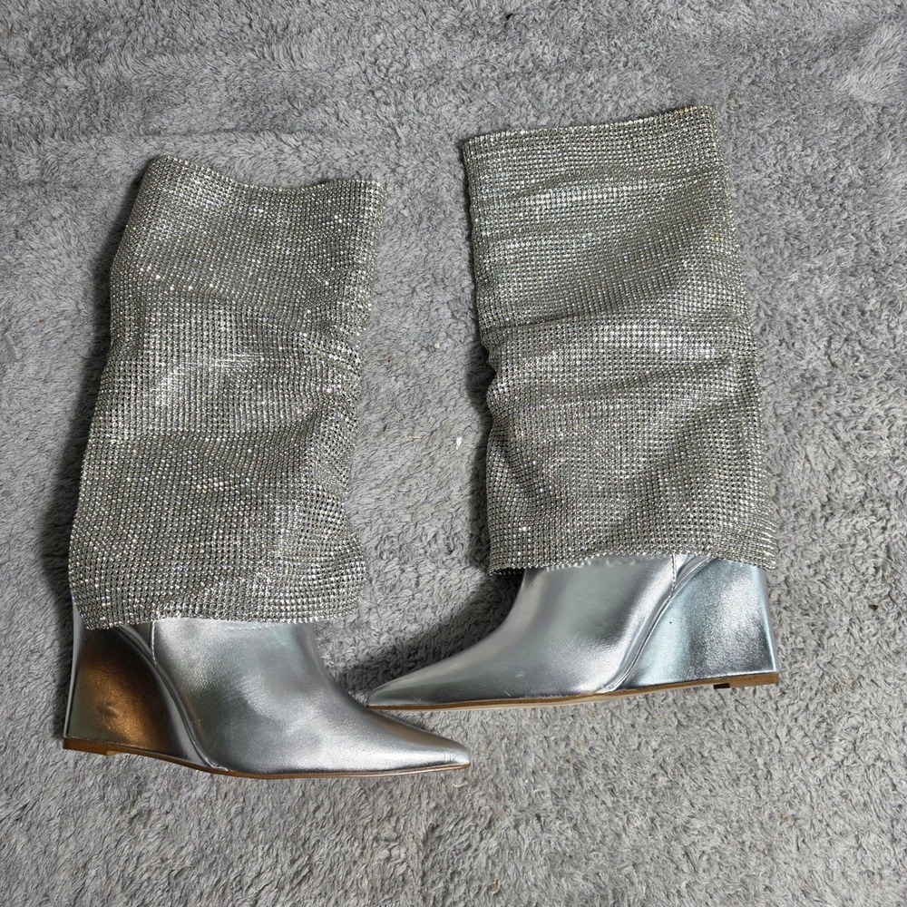 Steve Madden Metallic Silver All Rhinestone Wedge Boots Pointed Toe Knee High 6M